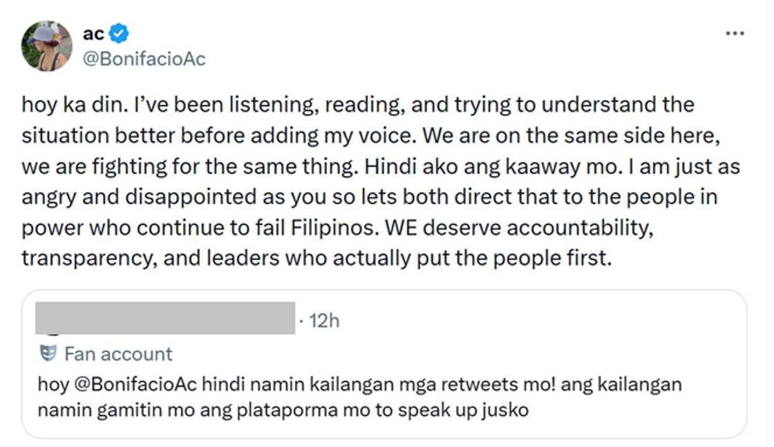 AC Bonifacio, sinagot ang netizen na bumatikos sa retweets niya tungkol sa pulitika AC Bonifacio, sinagot ang netizen na bumatikos sa retweets niya tungkol sa pulitika