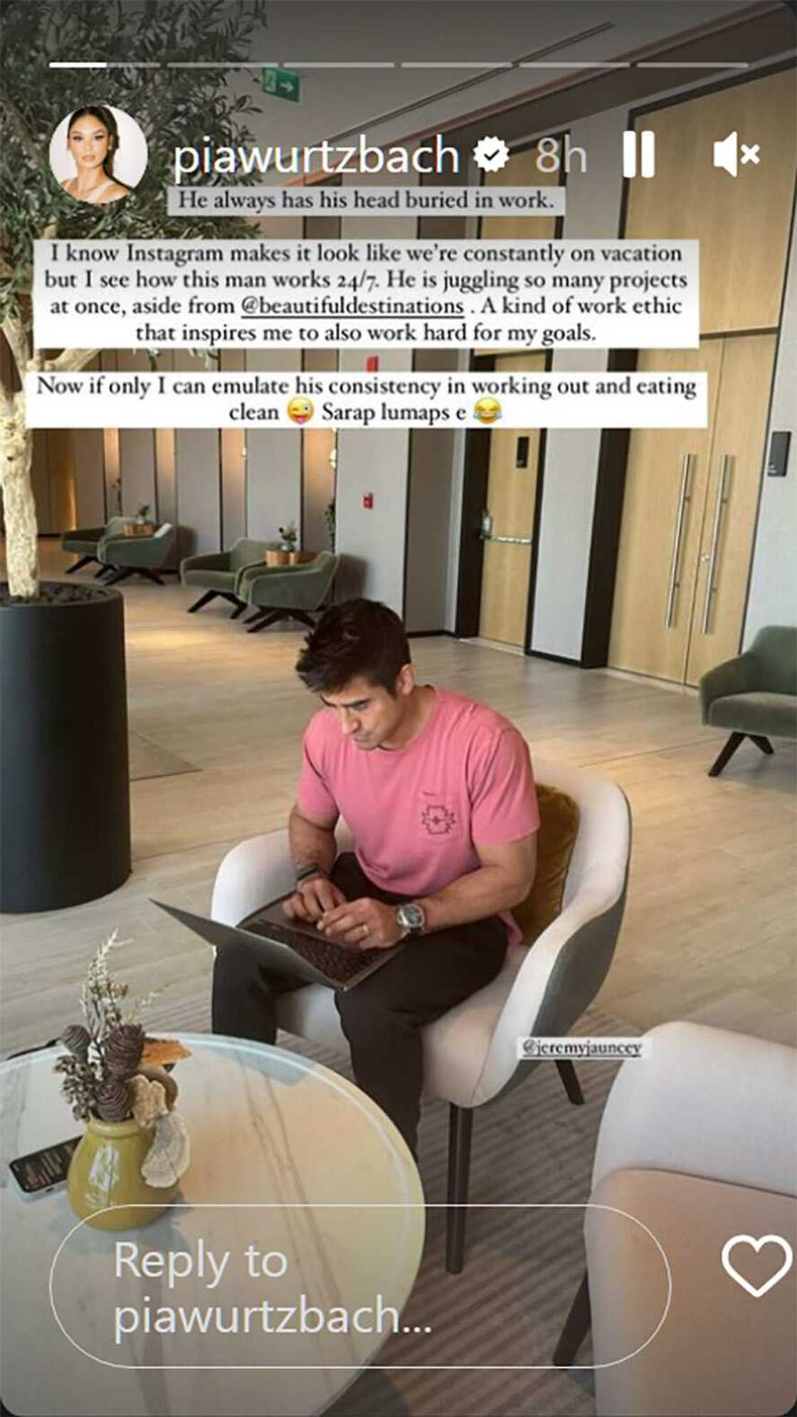 Pia Wurtzbach, ipinagmalaki kung gaano kasipag si Jeremy Jauncey: “Inspires me to also work hard for my goals” Pia Wurtzbach, ipinagmalaki kung gaano kasipag si Jeremy Jauncey: “Inspires me to also work hard for my goals”
