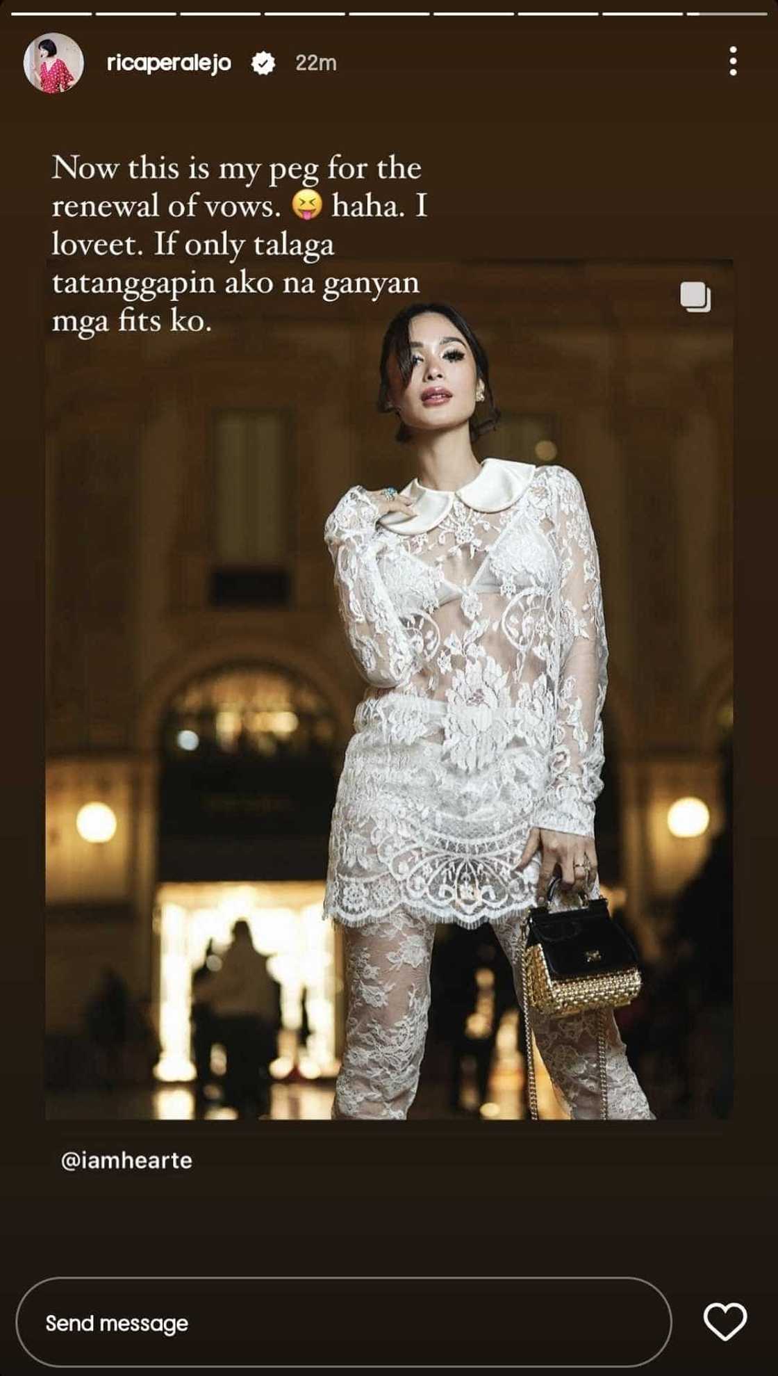 Rica Peralejo sa all-white outfit ni Heart Evangelista: "Peg for the renewal of vows" Rica Peralejo sa all-white outfit ni Heart Evangelista: "Peg for the renewal of vows"
