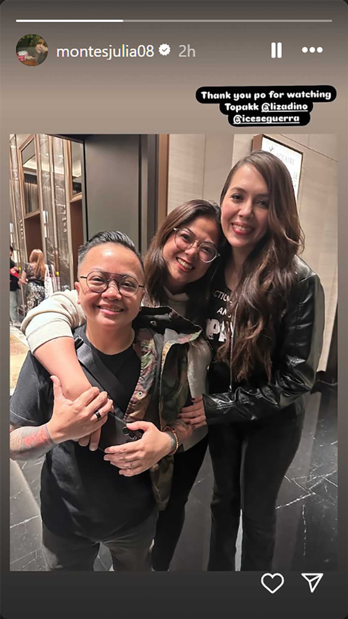 Julia Montes, pinasalamatan sina Ice Seguerra at Liza Diño sa panonood ng Topakk