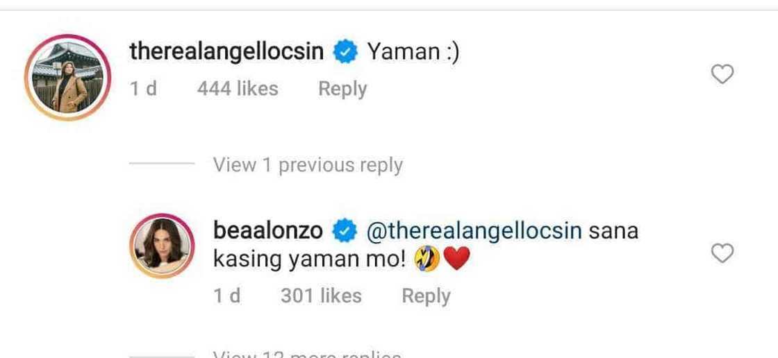 Bea Alonzo adorably reacts to Angel Locsin's comment in her post: "sana kasing yaman mo" Bea Alonzo adorably reacts to Angel Locsin's comment in her post: "sana kasing yaman mo"
