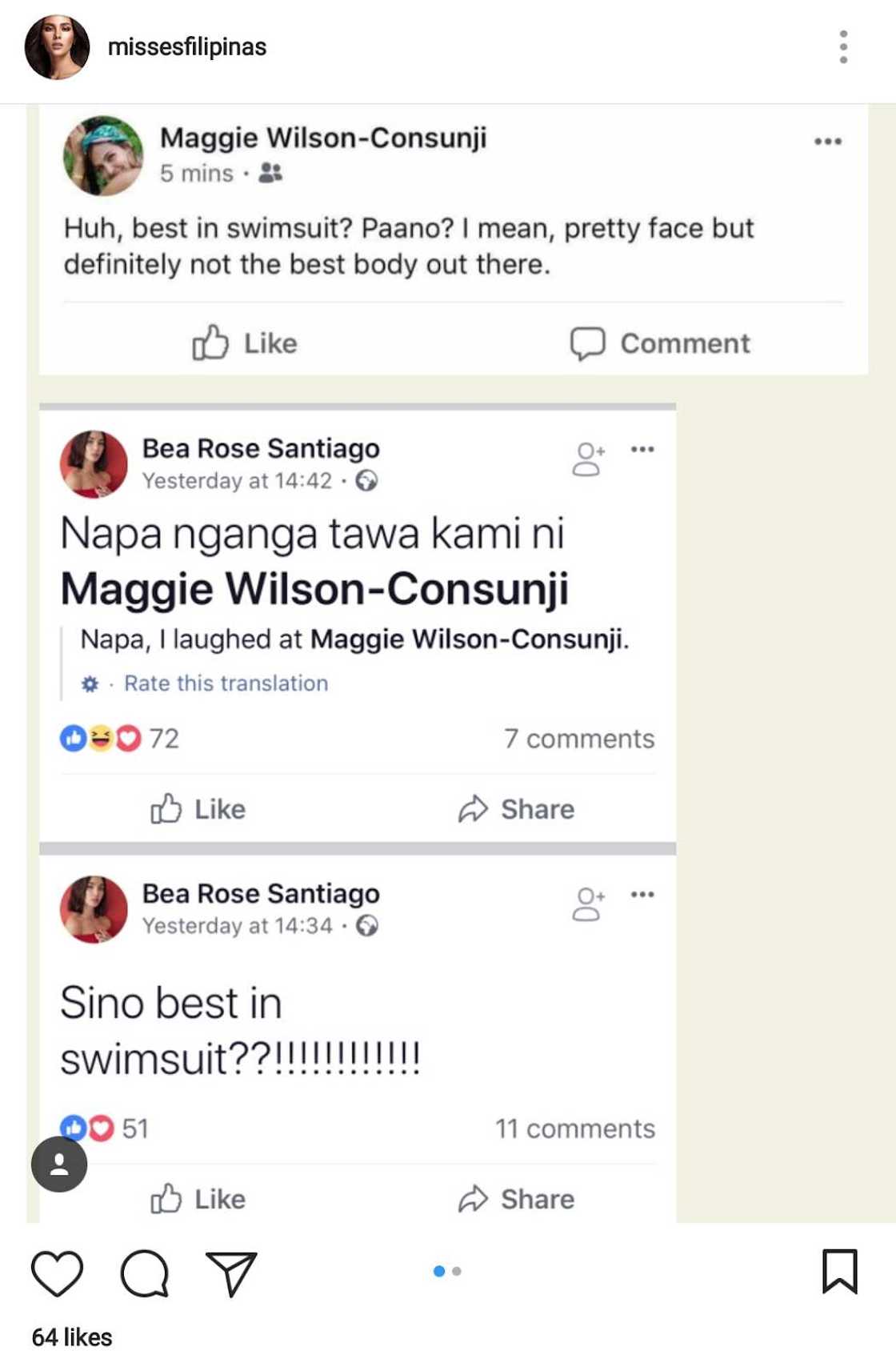 Boom basag! Pagbati nina Bea Rose Santiago at Maggie Wilson kay Catriona Gray, inalmahan ng netizens Boom basag! Pagbati nina Bea Rose Santiago at Maggie Wilson kay Catriona Gray, inalmahan ng netizens
