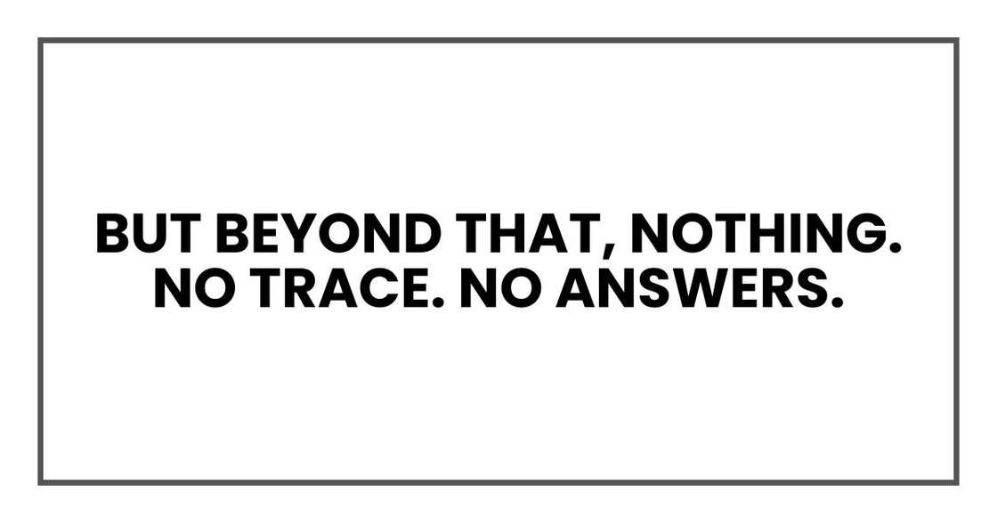 But beyond that, nothing. No trace. No answers. But beyond that, nothing. No trace. No answers.
