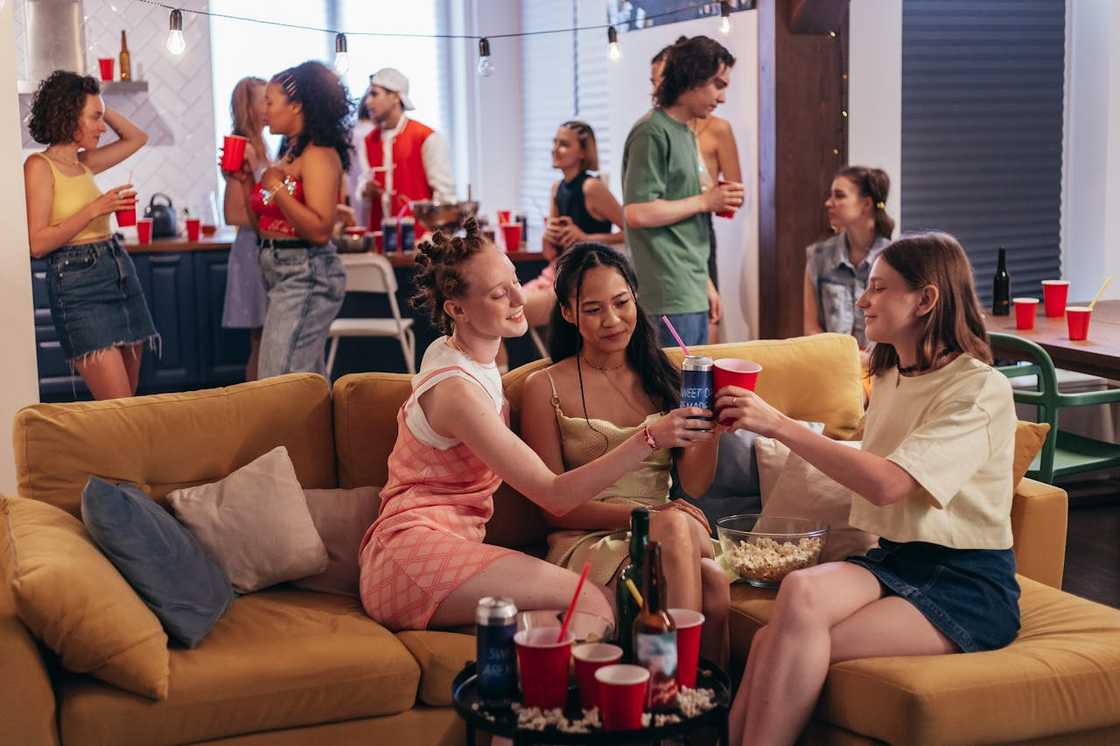 A group of friends gather in a living room, chatting and raising drinks at a casual house party. A group of friends gather in a living room, chatting and raising drinks at a casual house party.