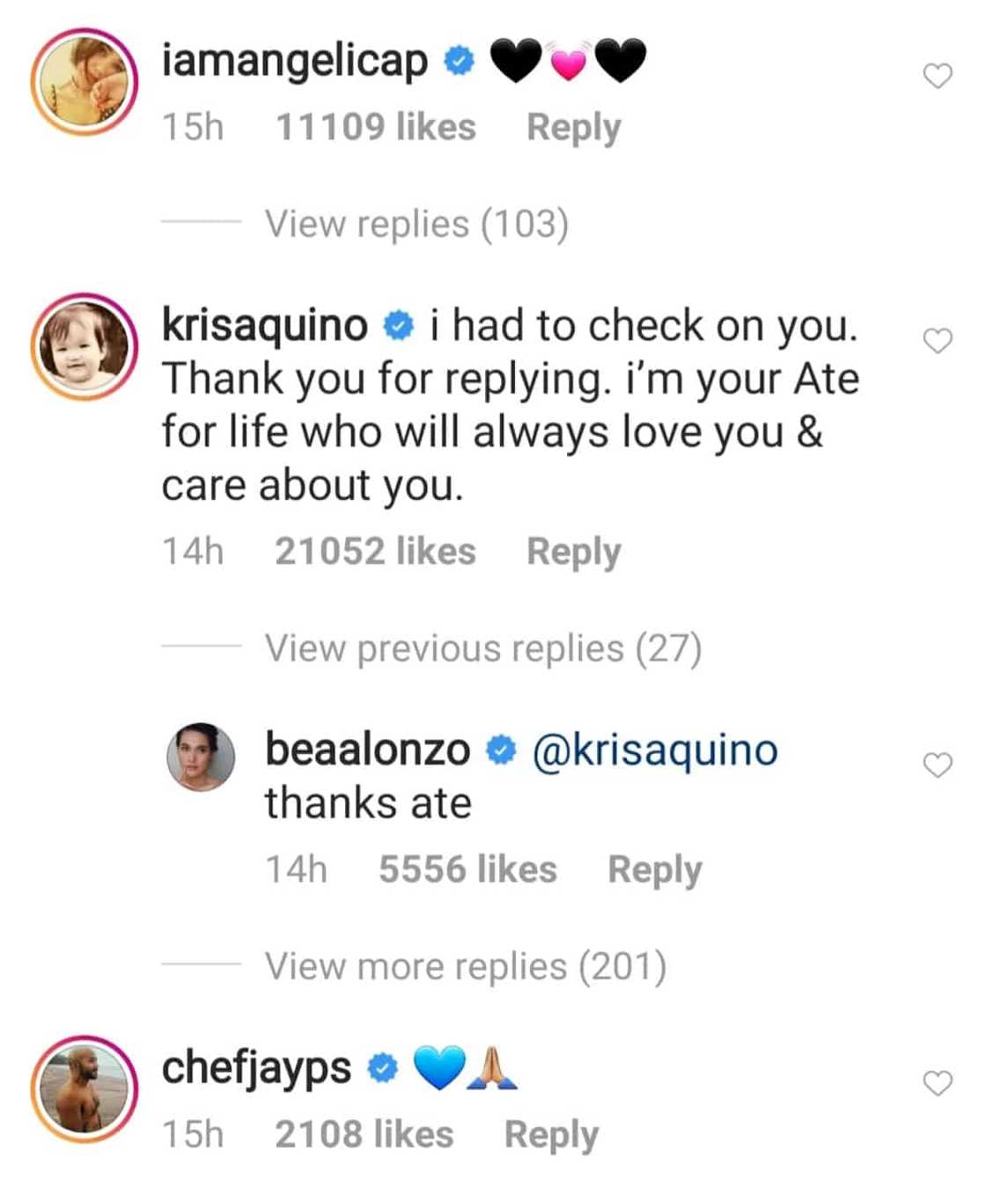 Kris Aquino, Angelica Panganiban react to Bea Alonzo's cryptic post on social media Kris Aquino, Angelica Panganiban react to Bea Alonzo's cryptic post on social media