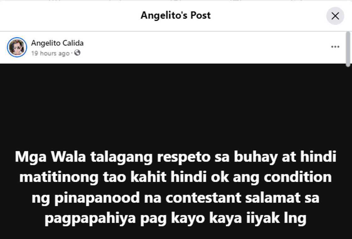 Peraphy contestant na si Angelito, naglabas ng sama ng loob sa mga aniya'y taong walang respeto Peraphy contestant na si Angelito, naglabas ng sama ng loob sa mga aniya'y taong walang respeto