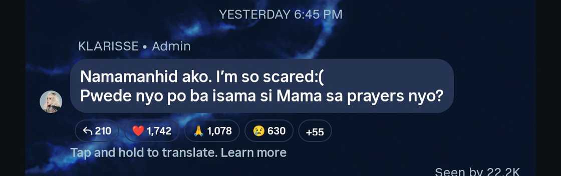 Klarisse De Guzman, humingi ng dasal para sa ina: "I’m so scared"