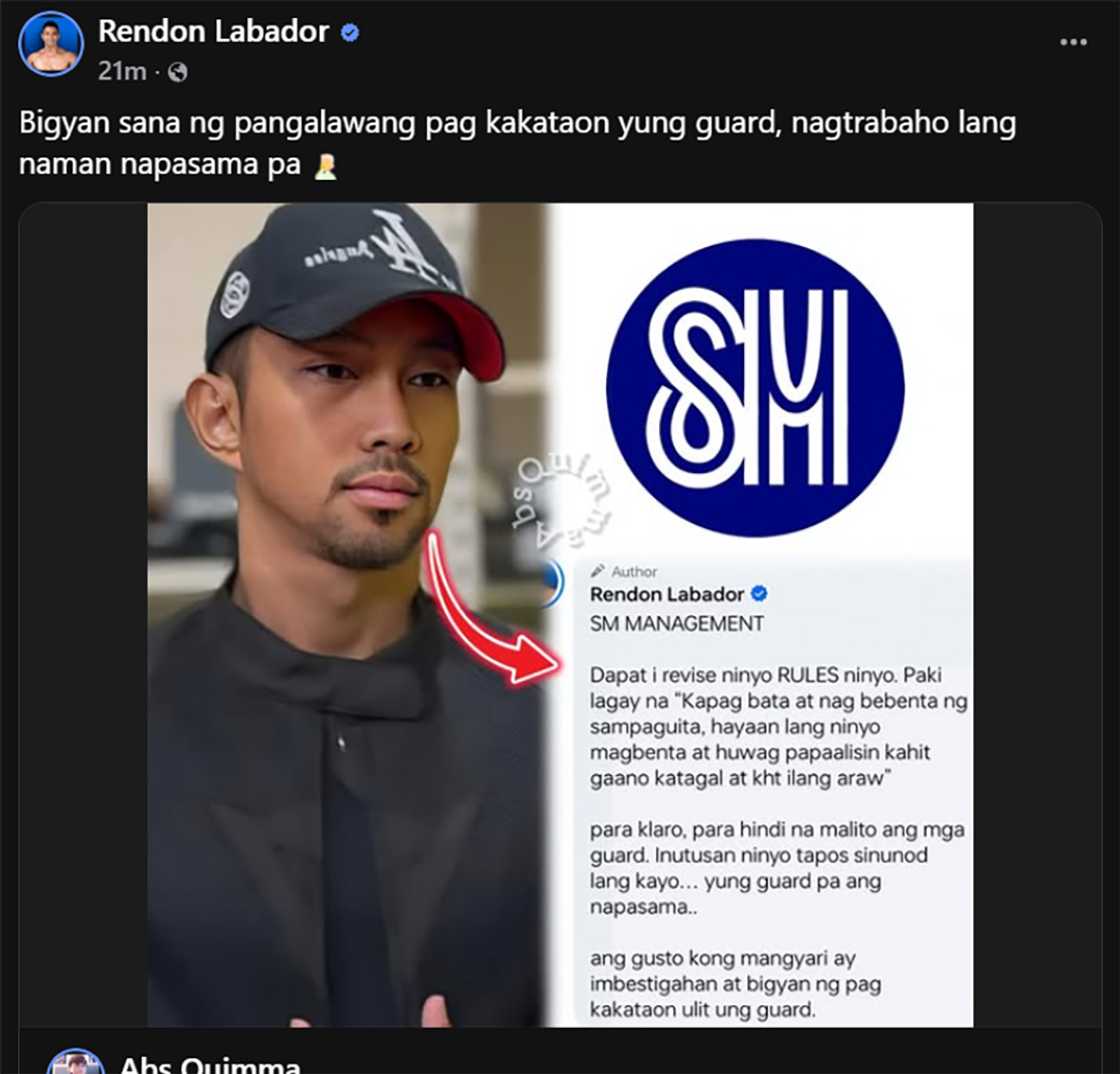 Rendon Labador, may pakiusap sa SM Management ukol SG na nasisante dahil kay “Sampaguita Girl”