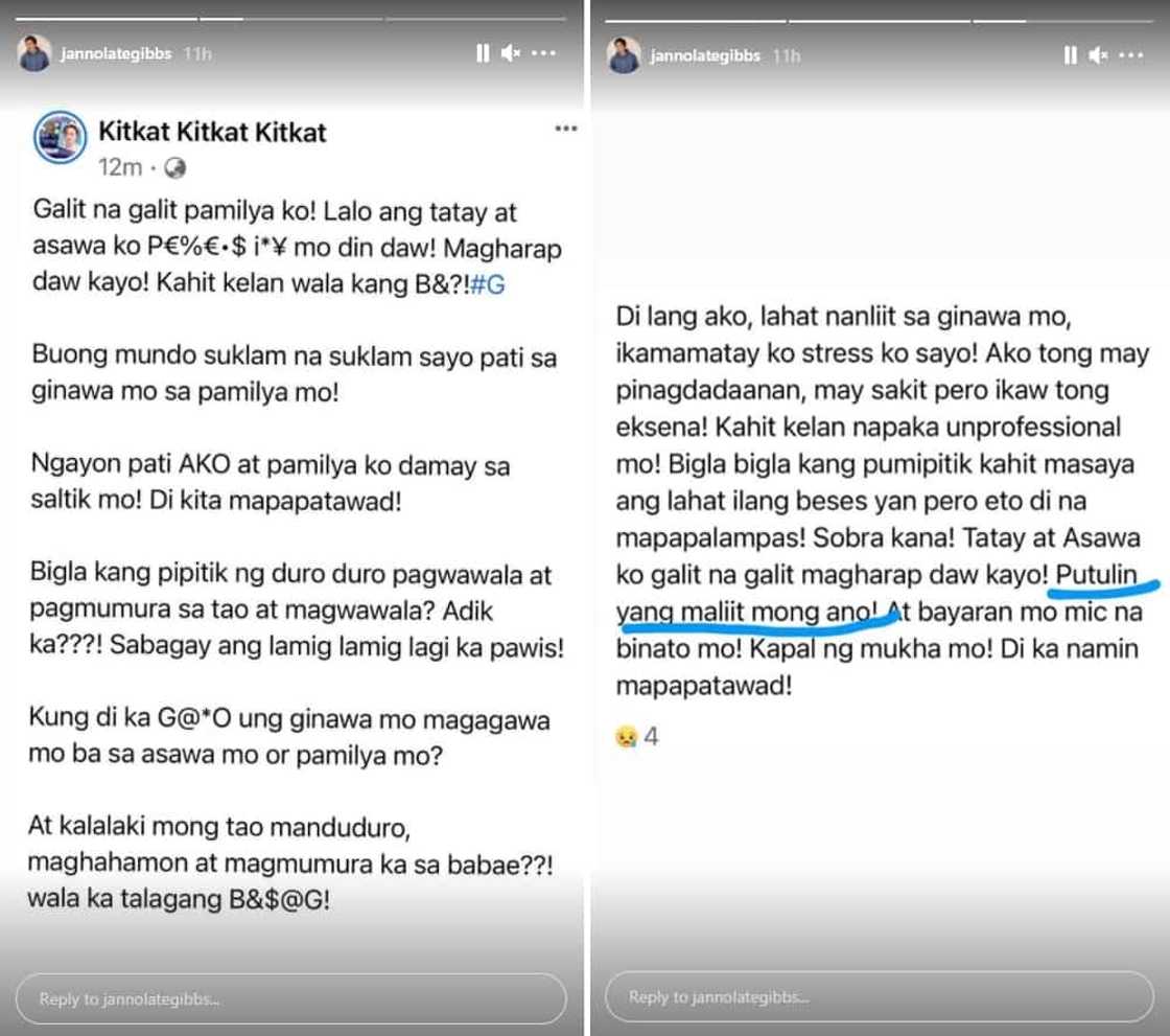 Janno Gibbs shares Kitkat's deleted angry online posts about him Janno Gibbs shares Kitkat's deleted angry online posts about him
