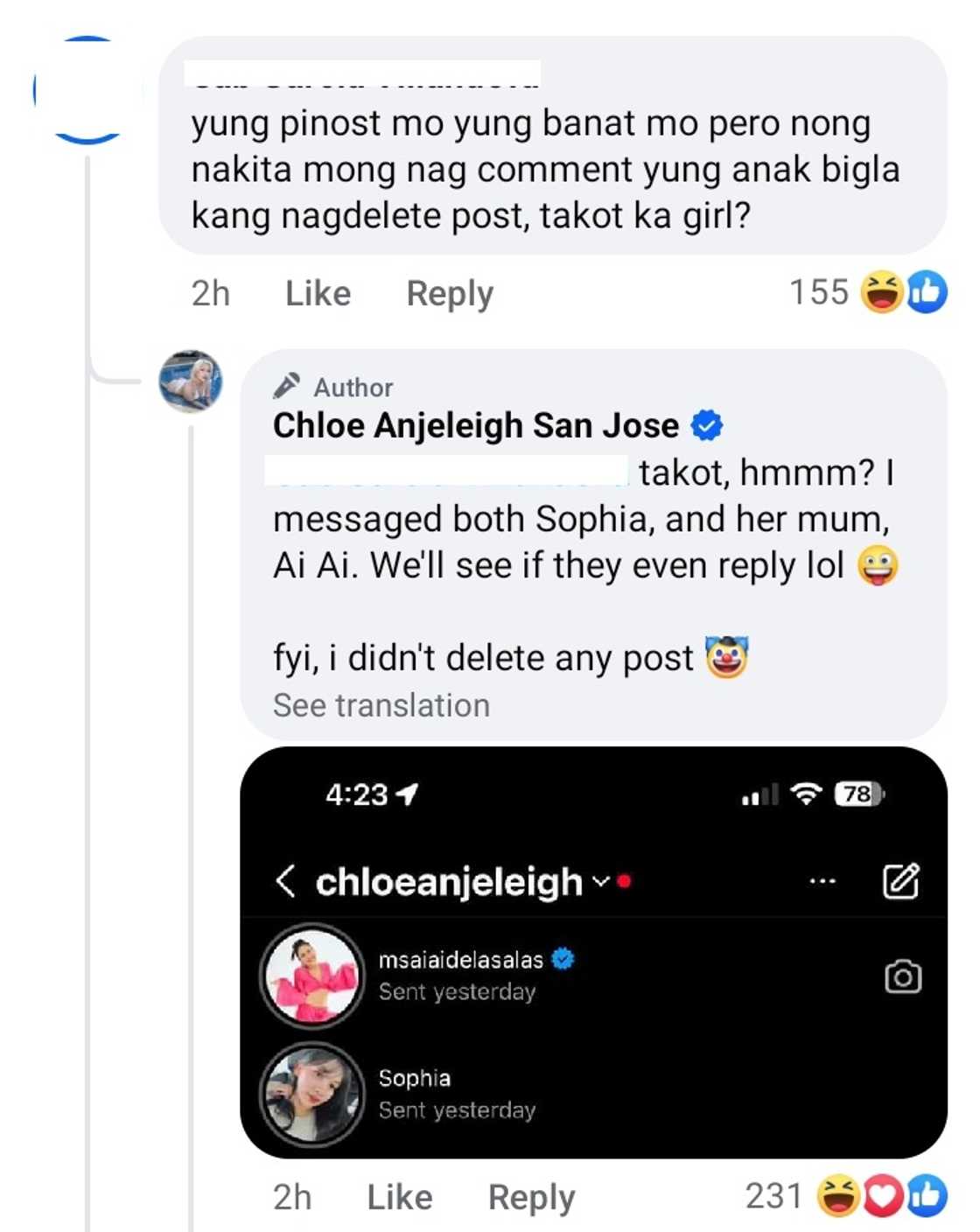 Chloe San Jose, nagmessage daw sa mag-inang Ai-ai at Sophia: "We'll see if they even reply"