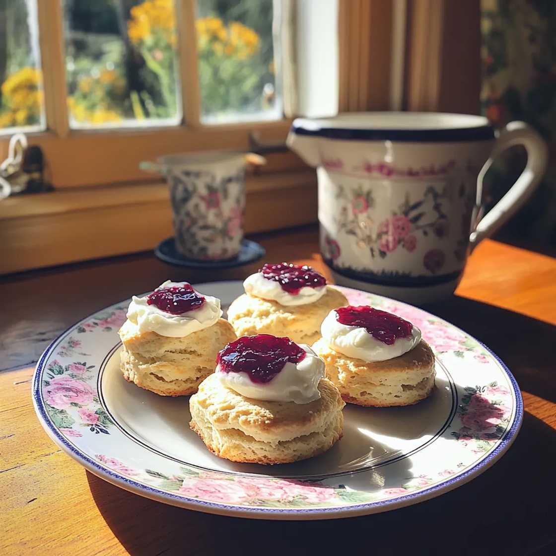 A plate of scones and jam on a kitchen table A plate of scones and jam on a kitchen table