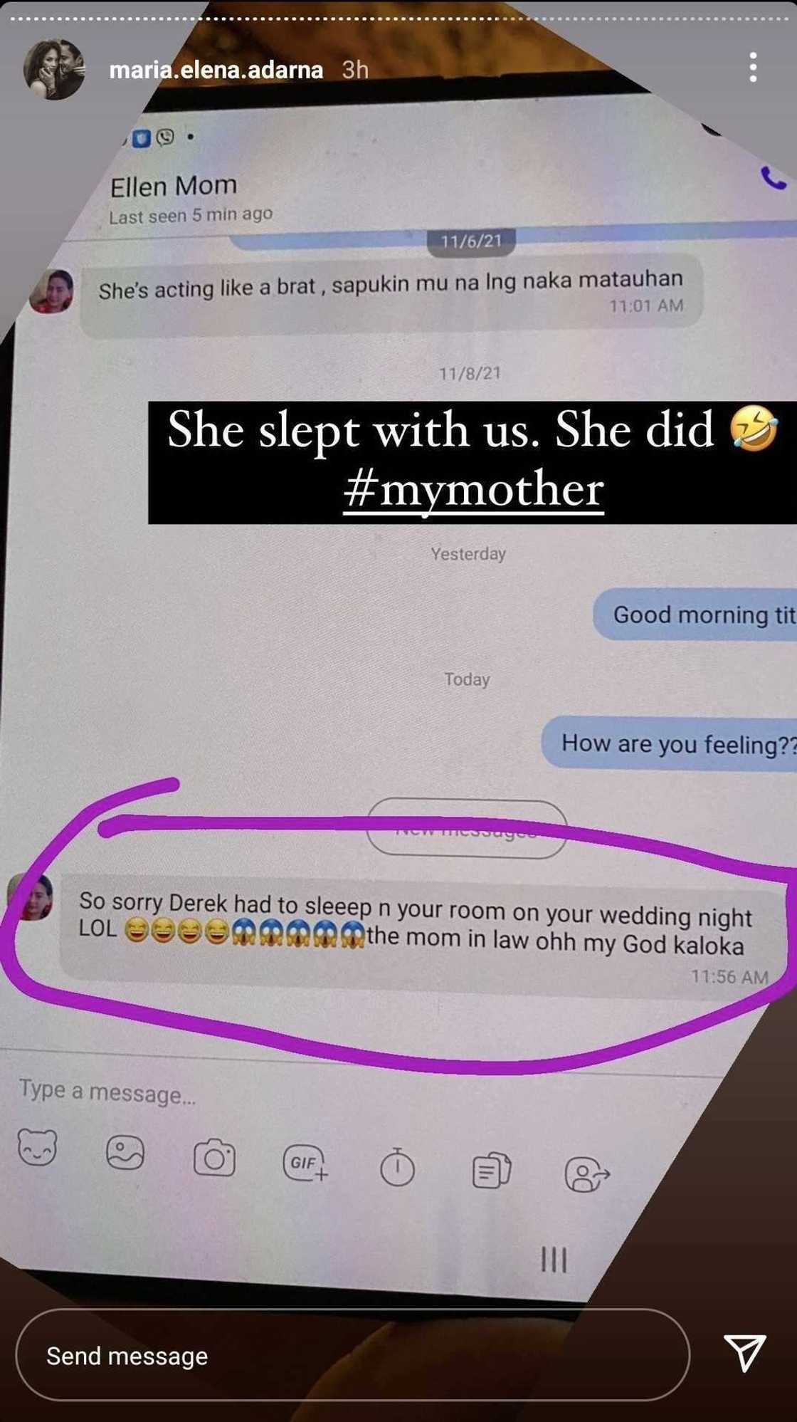 Mother of Ellen Adarna apologizes to Derek Ramsay for sleeping in their room on wedding night Mother of Ellen Adarna apologizes to Derek Ramsay for sleeping in their room on wedding night