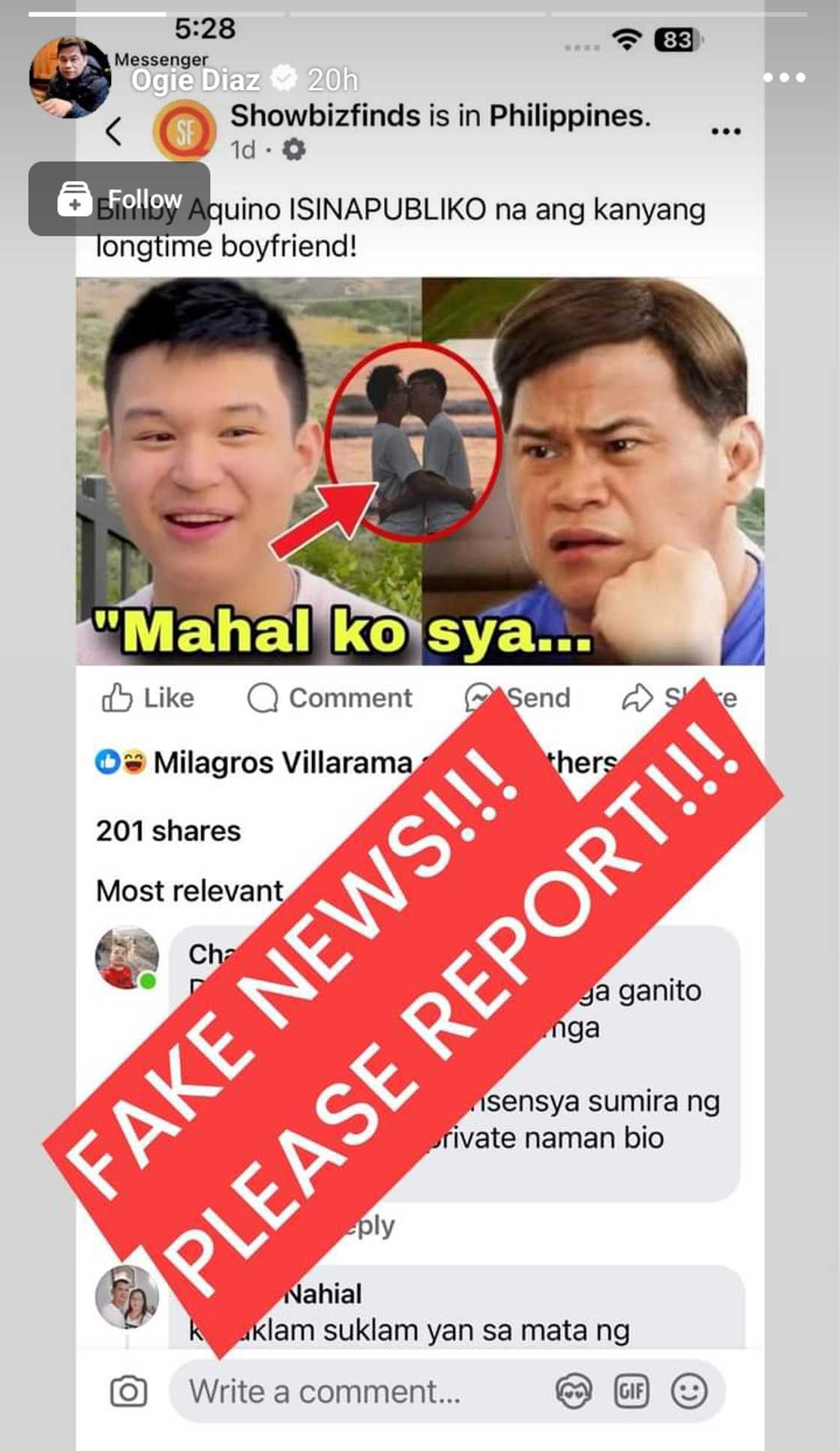 Ogie Diaz sa FB page na nag-post ng fake kissing photo ni Bimby Aquino: “Please report”