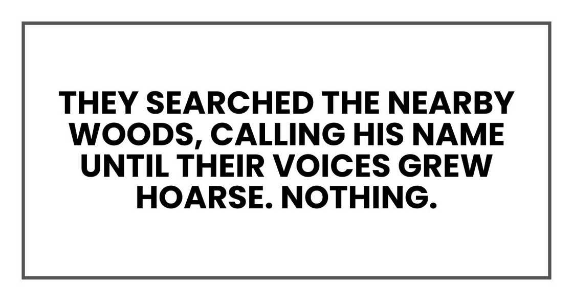 They searched the nearby woods, calling his name until their voices grew hoarse. Nothing.