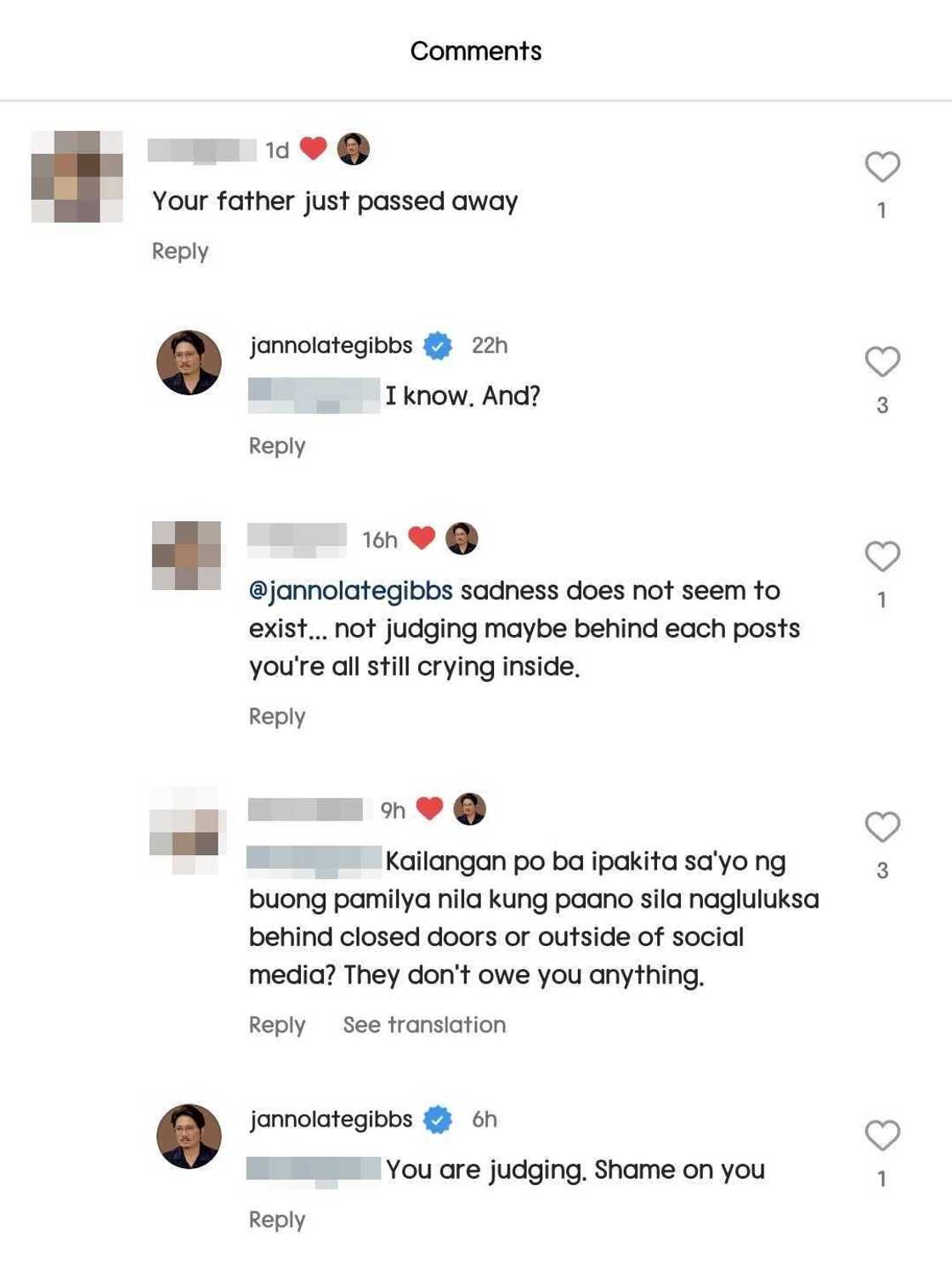 Janno Gibbs sa "your father just passed away' comment ng netizen: "Shame on you"