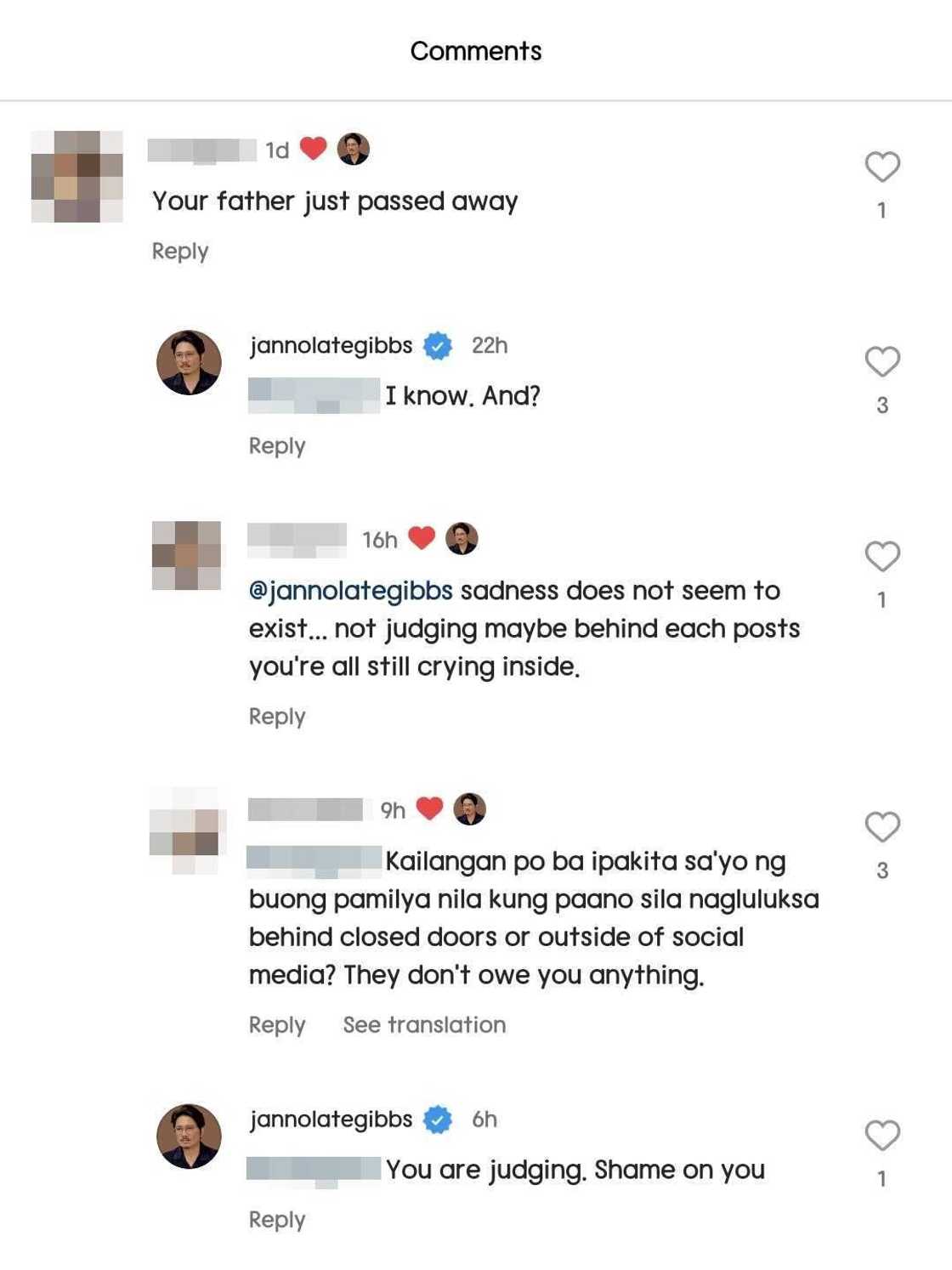 Janno Gibbs sa "your father just passed away' comment ng netizen: "Shame on you" Janno Gibbs sa "your father just passed away' comment ng netizen: "Shame on you"
