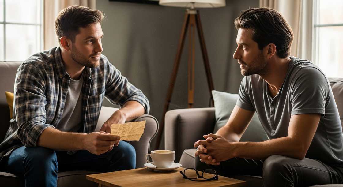 Two men discussing document in living room Two men discussing document in living room