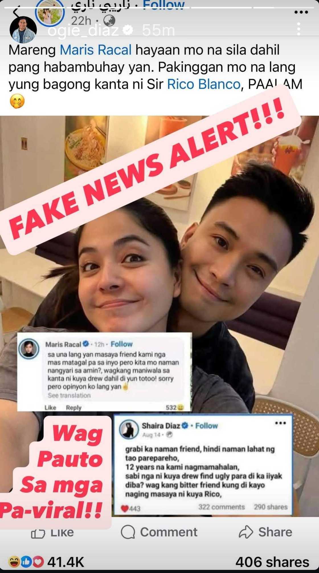 Ogie Diaz debunks fabricated convo between Shaira Diaz, Maris Racal dragging EA Guzman, Rico Blanco