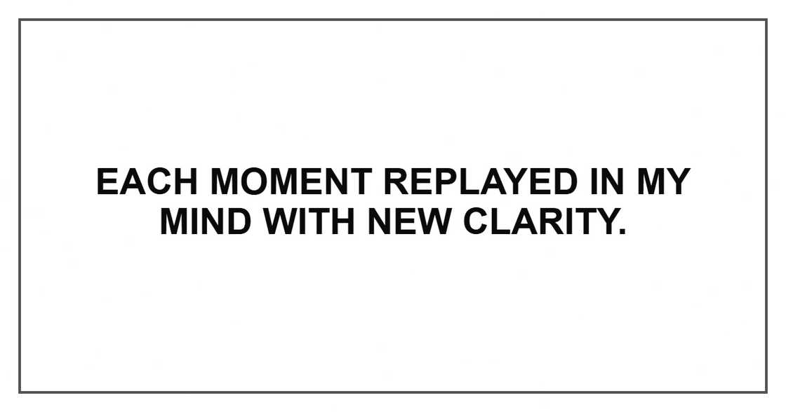 Each moment replayed in my mind with new clarity. Each moment replayed in my mind with new clarity.