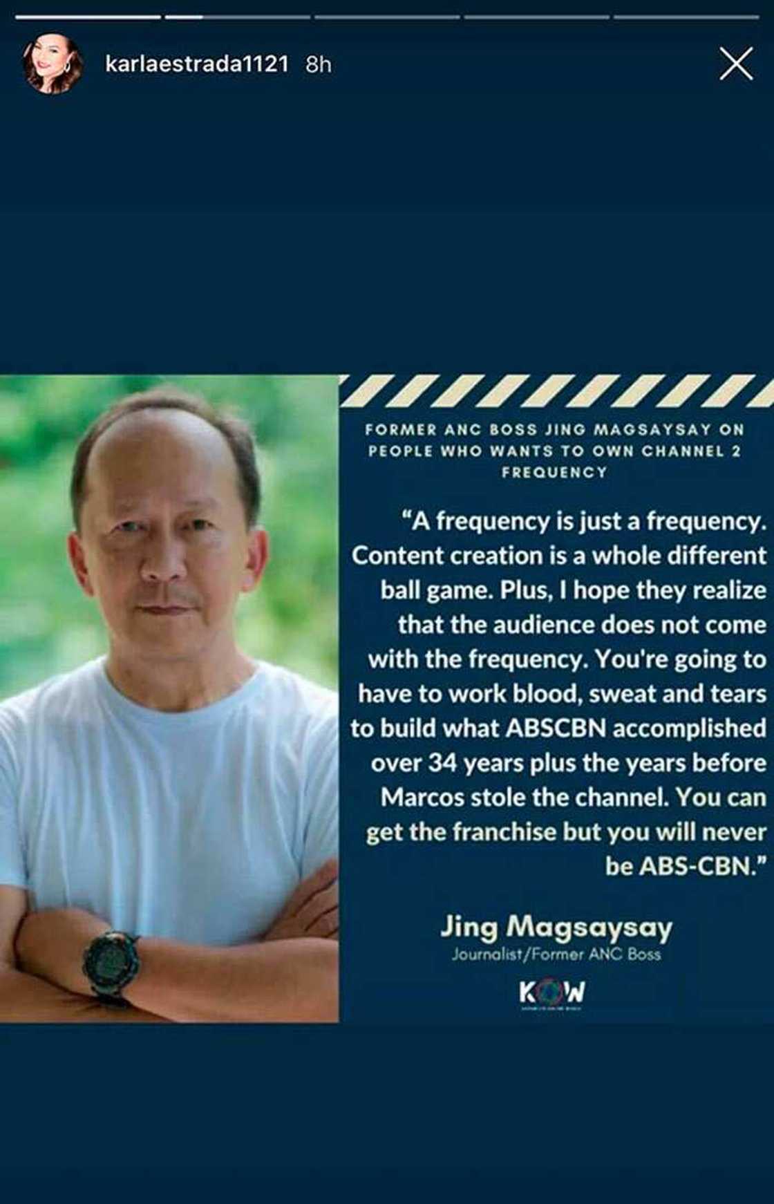 Karla Estrada reposts Jing Magsaysay's message, "You will never be ABS-CBN" Karla Estrada reposts Jing Magsaysay's message, "You will never be ABS-CBN"