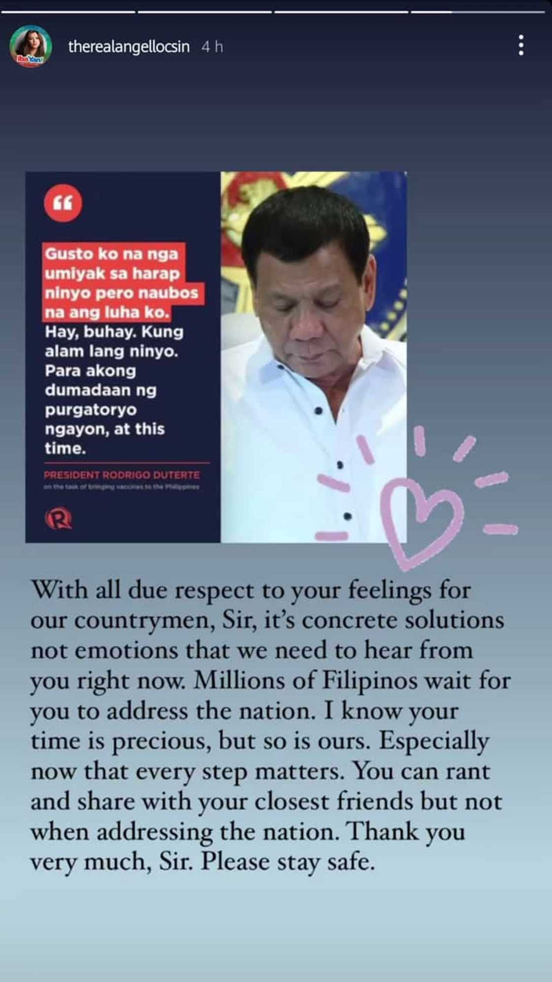 Angel Locsin, pinatamaan ang "gustong umiyak" na Pangulong Duterte: "Concrete solutions, not emotions" Angel Locsin, pinatamaan ang "gustong umiyak" na Pangulong Duterte: "Concrete solutions, not emotions"