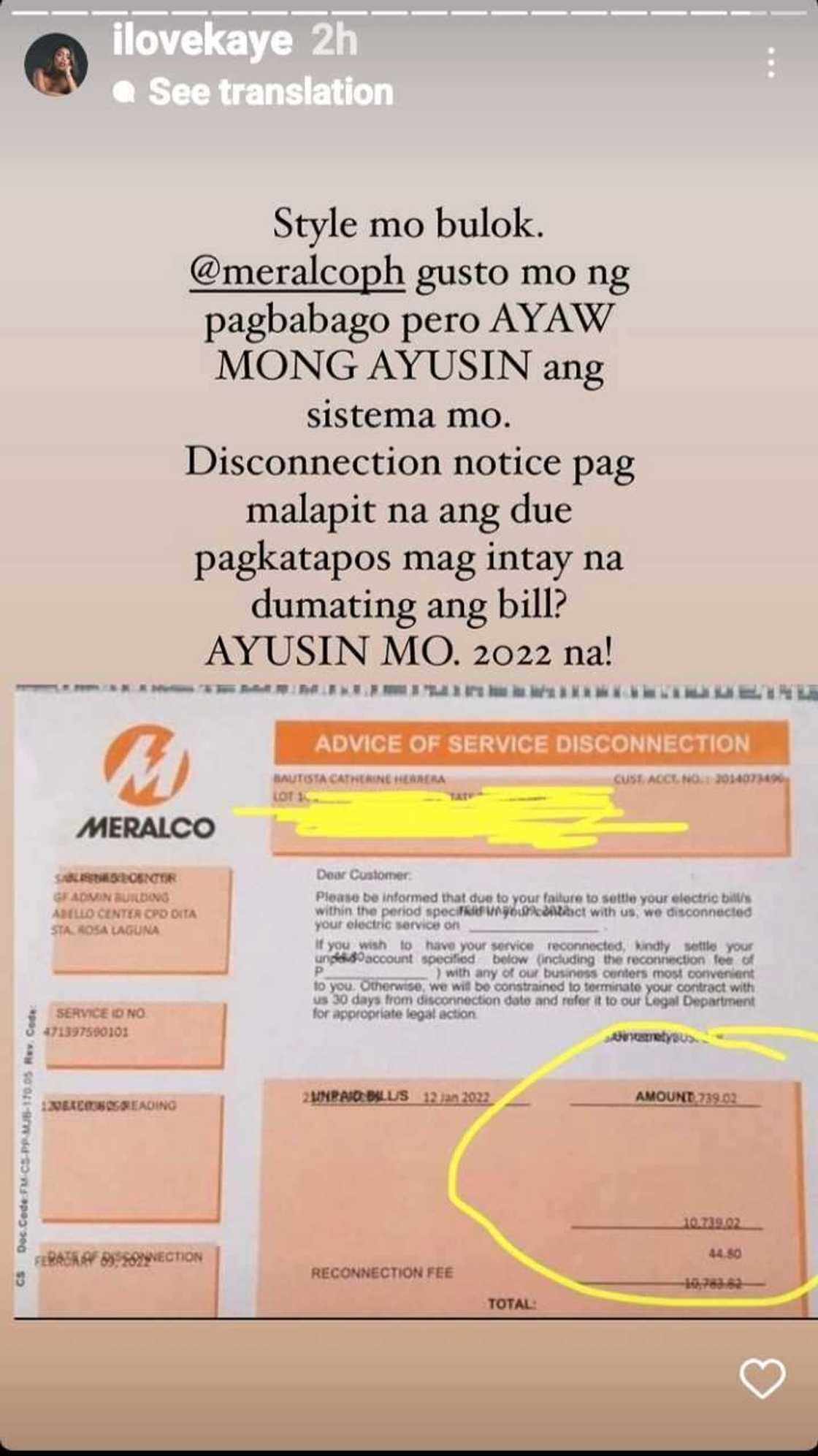 Kakai Bautista calls out Meralco after receiving disconnection notice: “Style mo bulok” Kakai Bautista calls out Meralco after receiving disconnection notice: “Style mo bulok”