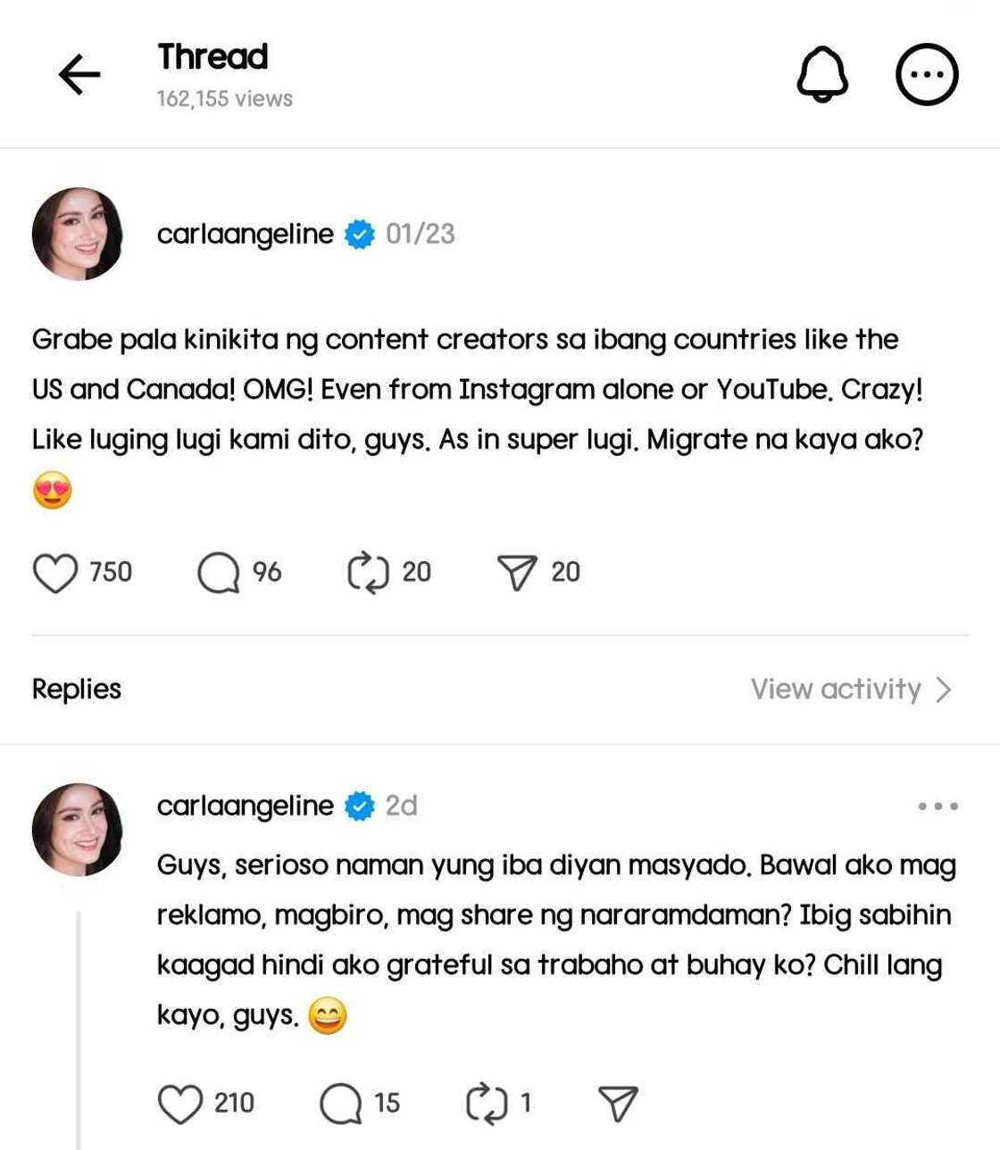 Carla Abellana, nilinaw ang post ukol sa 'kinikita ng content creators' sa ibang bansa Carla Abellana, nilinaw ang post ukol sa 'kinikita ng content creators' sa ibang bansa