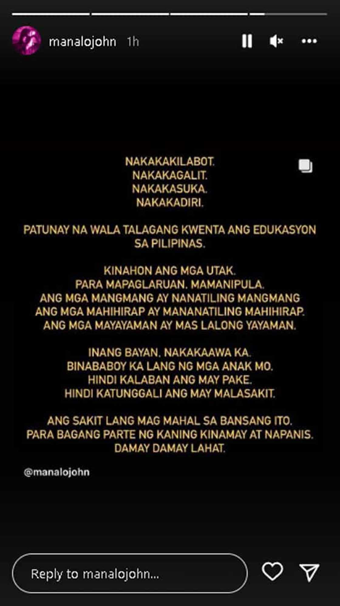 John Manalo, naglabas ng saloobin sa unofficial results ng Comelec: "Inang bayan, nakakaawa ka" John Manalo, naglabas ng saloobin sa unofficial results ng Comelec: "Inang bayan, nakakaawa ka"