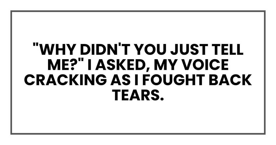 "Why didn't you just tell me?" I asked, my voice cracking as I fought back tears. "Why didn't you just tell me?" I asked, my voice cracking as I fought back tears.