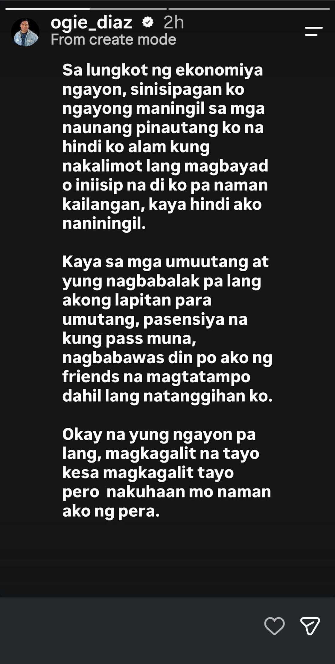 Ogie Diaz, may banat sa mga umutang at magbabalak umutang sa kanya: "Sa lungkot ng ekonomiya ngayon" Ogie Diaz, may banat sa mga umutang at magbabalak umutang sa kanya: "Sa lungkot ng ekonomiya ngayon"
