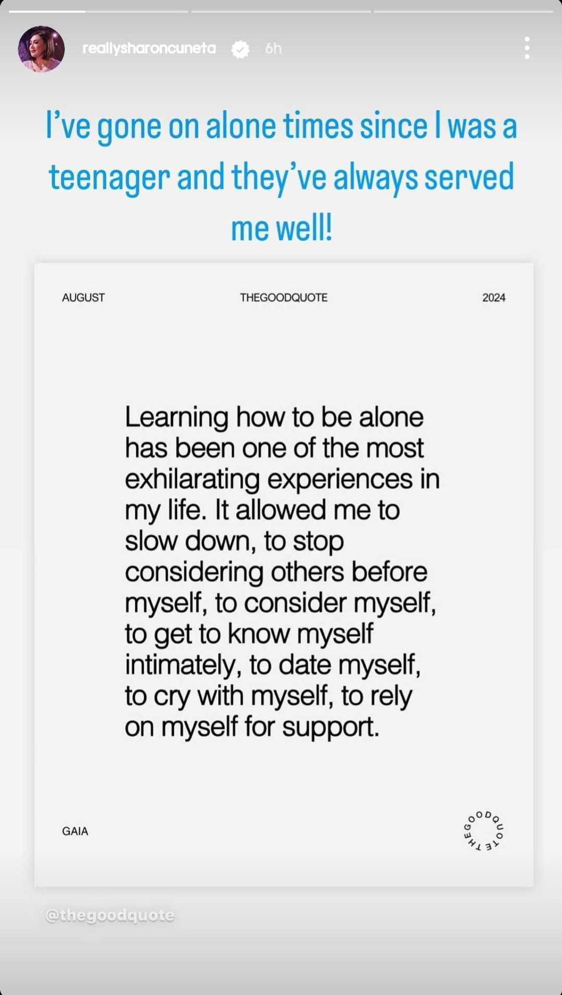 Sharon Cuneta shares a meaningful quote about "learning how to be alone" Sharon Cuneta shares a meaningful quote about "learning how to be alone"