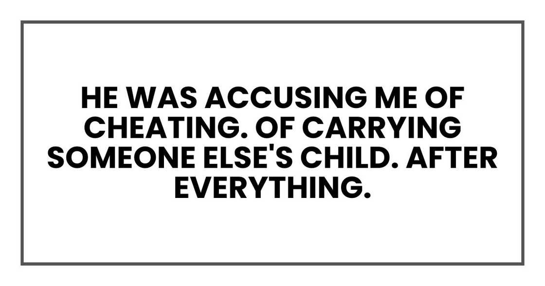 He was accusing me of cheating. Of carrying someone else's child. After everything. He was accusing me of cheating. Of carrying someone else's child. After everything.