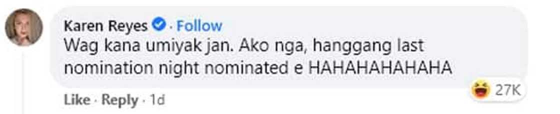 Karen Reyes reacts to consecutive nominations of KD Estrada for eviction: "Ako, hanggang last nomination" Karen Reyes reacts to consecutive nominations of KD Estrada for eviction: "Ako, hanggang last nomination"