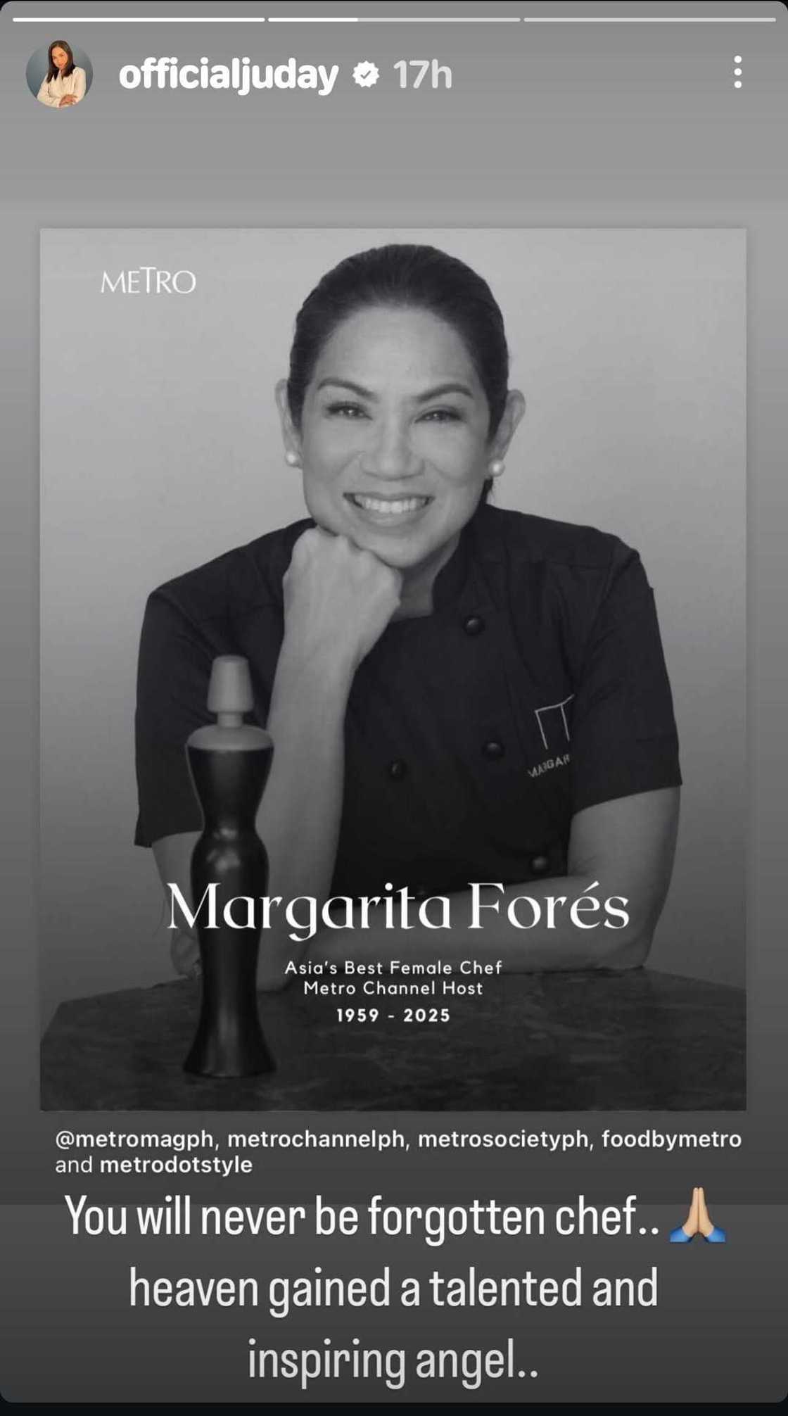 Judy Ann Santos, nag-react sa pagpanaw ni Pinay culinary icon Margarita Forés