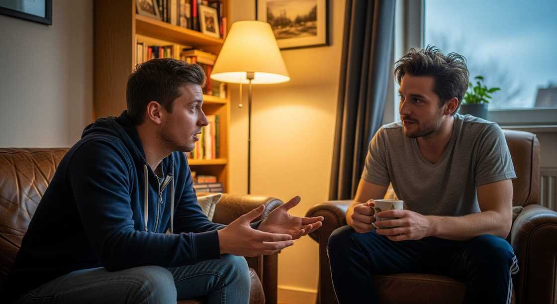 Two people talking in a warm living room.