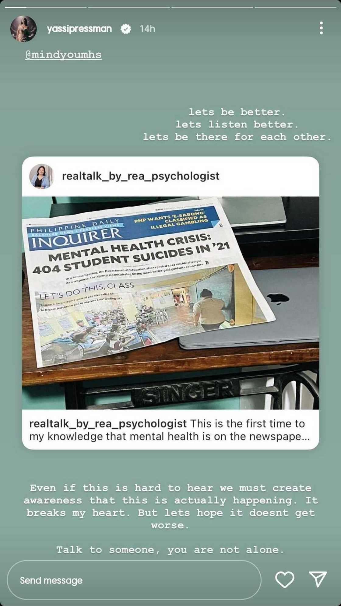 Yassi Pressman sa mental health crisis sa Pinas: "It breaks my heart" Yassi Pressman sa mental health crisis sa Pinas: "It breaks my heart"