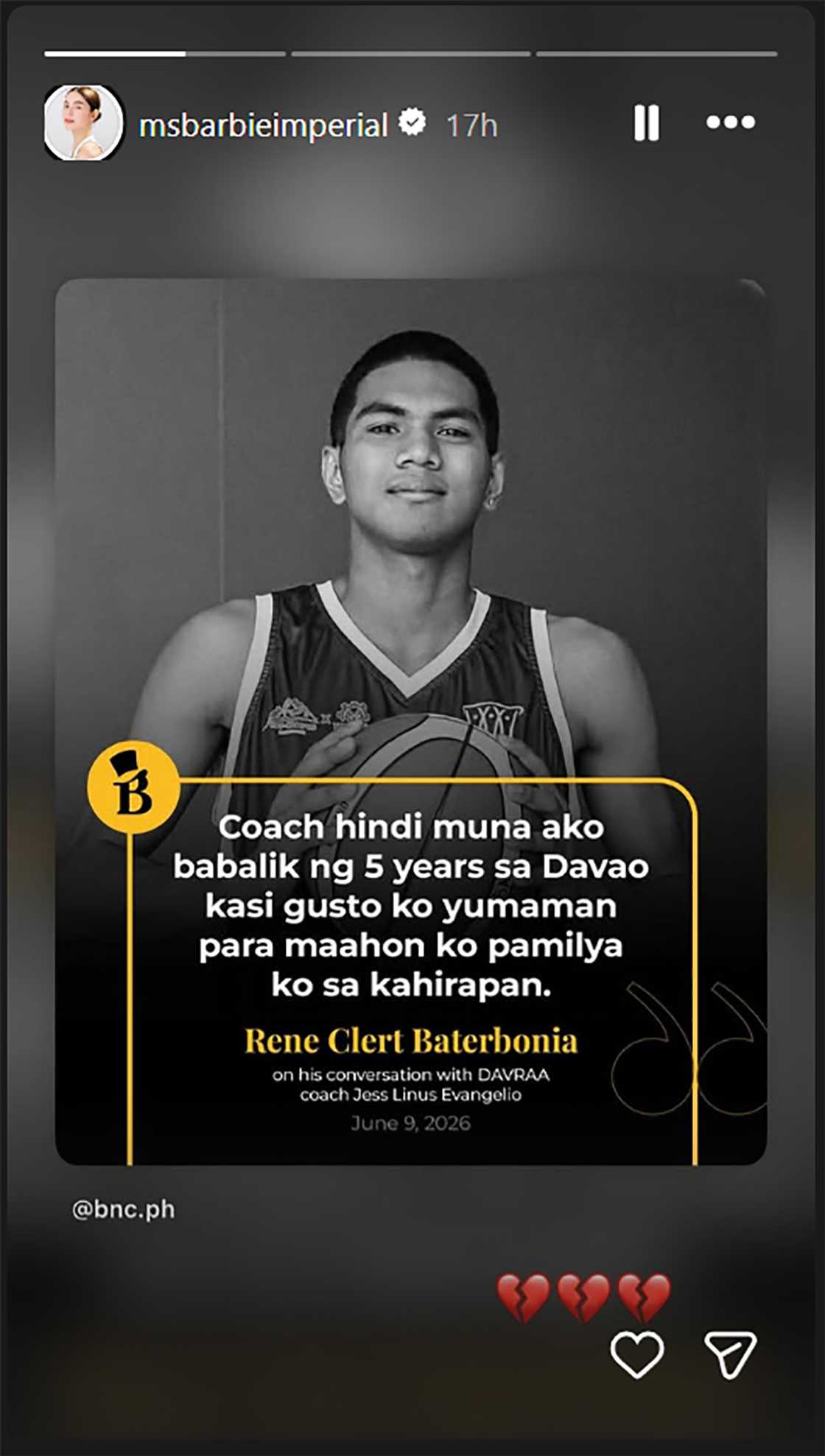 Barbie Imperial, pinost huling mensahe ng sumakabilang-buhay na atleta