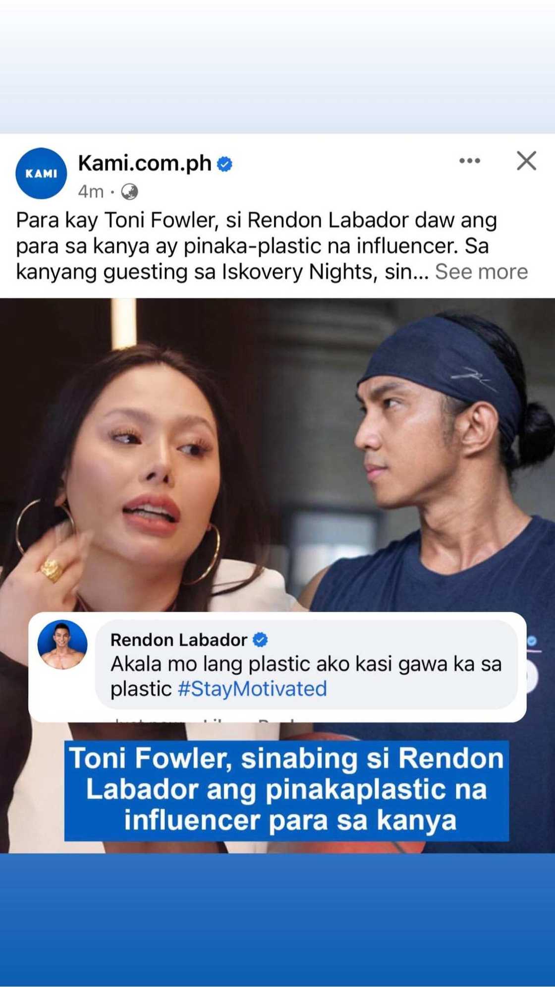 Rendon Labador kay Toni Fowler: "Akala mo lang plastic ako kasi gawa ka sa plastic"