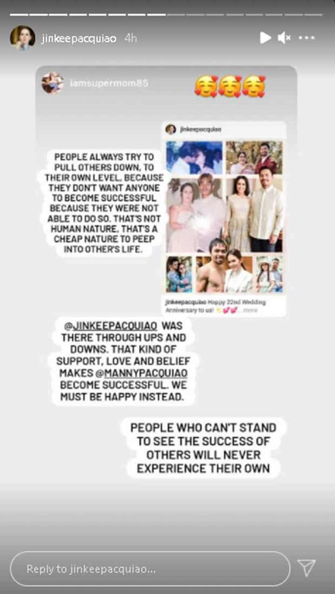 Jinkee Pacquiao, sumang-ayon sa post ng isang netizen ukol sa mga taong hinihila pababa ang mga nagtatagumpay Jinkee Pacquiao, sumang-ayon sa post ng isang netizen ukol sa mga taong hinihila pababa ang mga nagtatagumpay