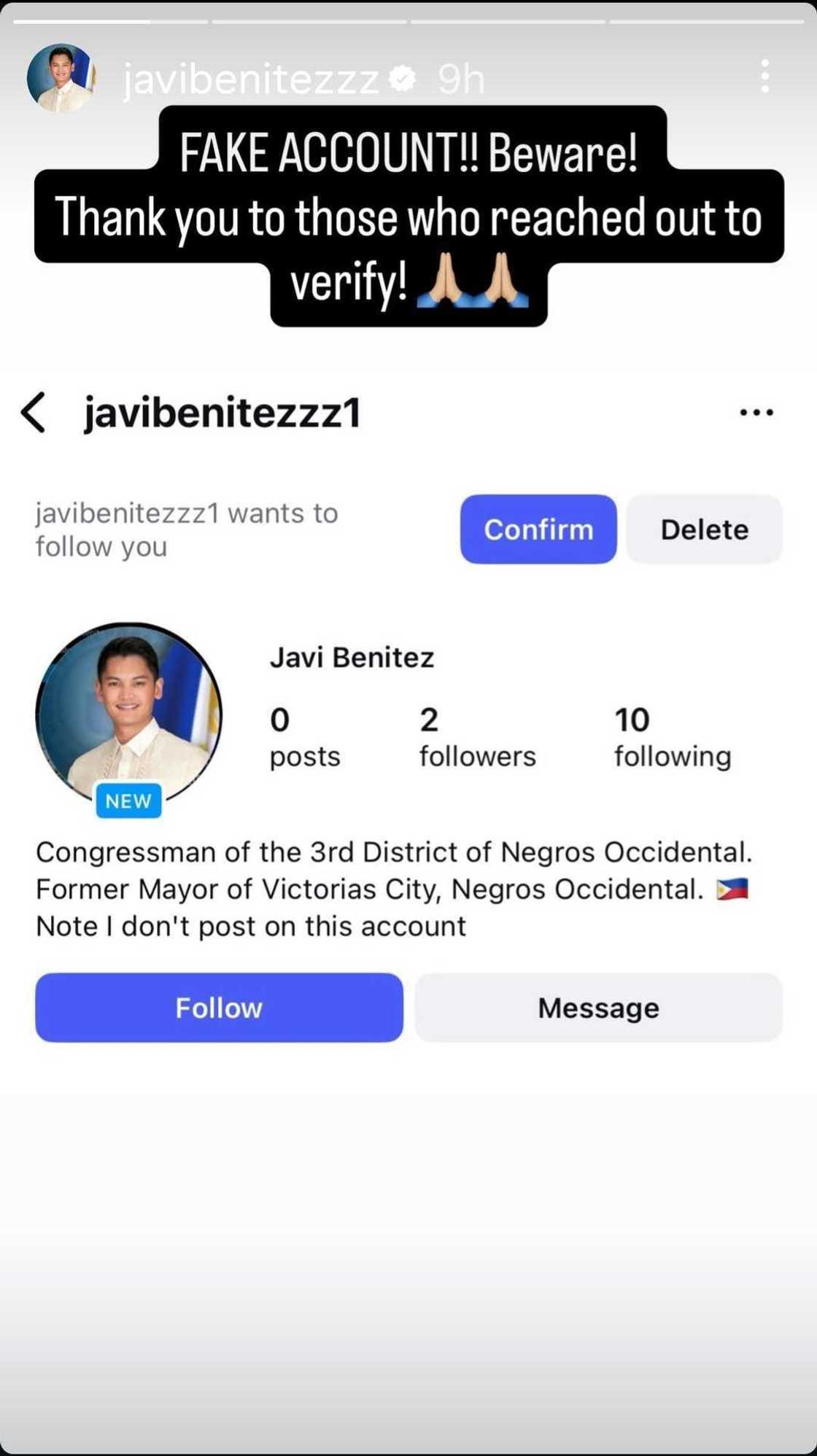 Javi Benitez warns public about fake Instagram account Javi Benitez warns public about fake Instagram account