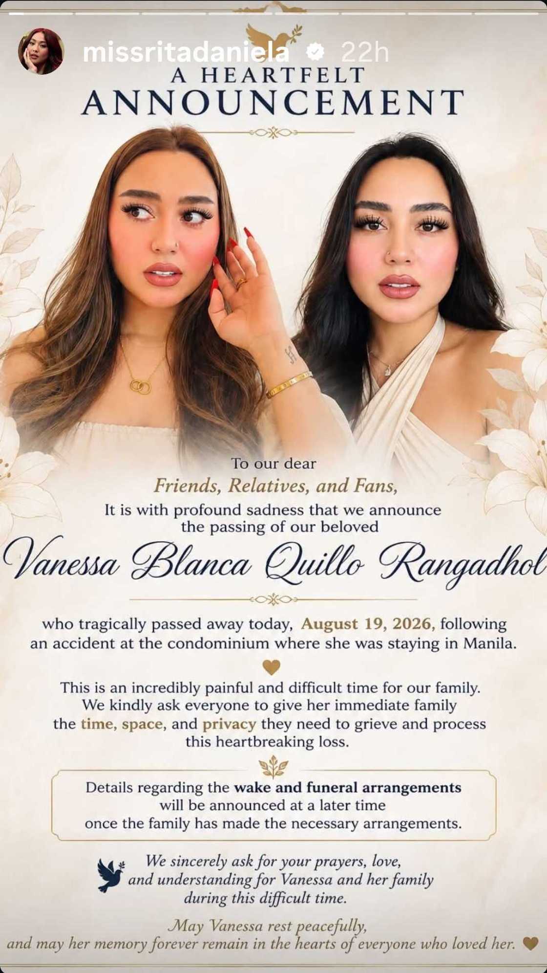 Rita Daniela mourns passing of former Sugarpop groupmate Vanessa Blanca
