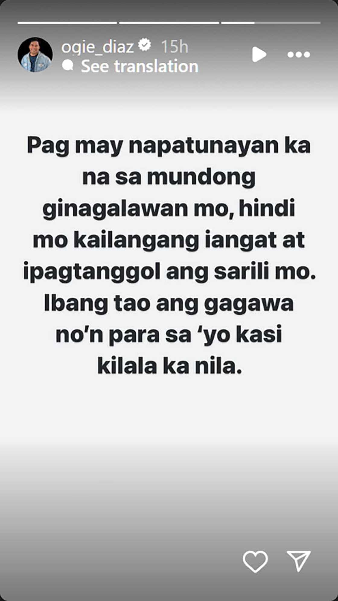 Ogie Diaz, inihayag na di na kailangang ipagtanggol sarili dahil mga taong kakilala ang gagawa nu'n