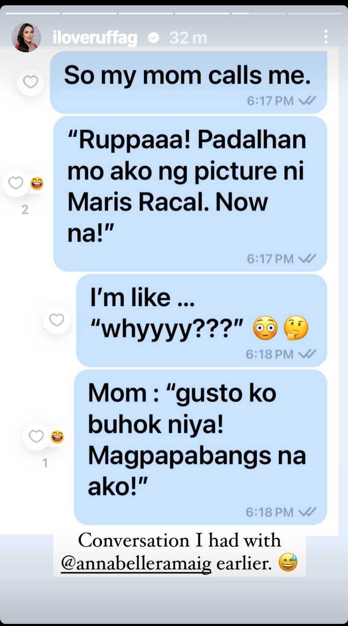 Ruffa Gutierrez, ibinahagi ang nakakaaliw na convo nila ni Annabelle Rama ukol kay Maris Racal Ruffa Gutierrez, ibinahagi ang nakakaaliw na convo nila ni Annabelle Rama ukol kay Maris Racal