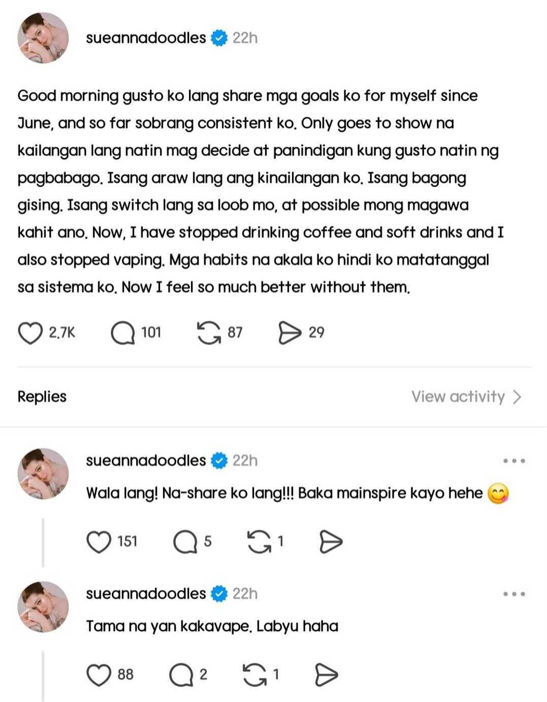 Sue Ramirez, pinuri matapos i-share ang mga "habits" na kanyang binitawan na Sue Ramirez, pinuri matapos i-share ang mga "habits" na kanyang binitawan na