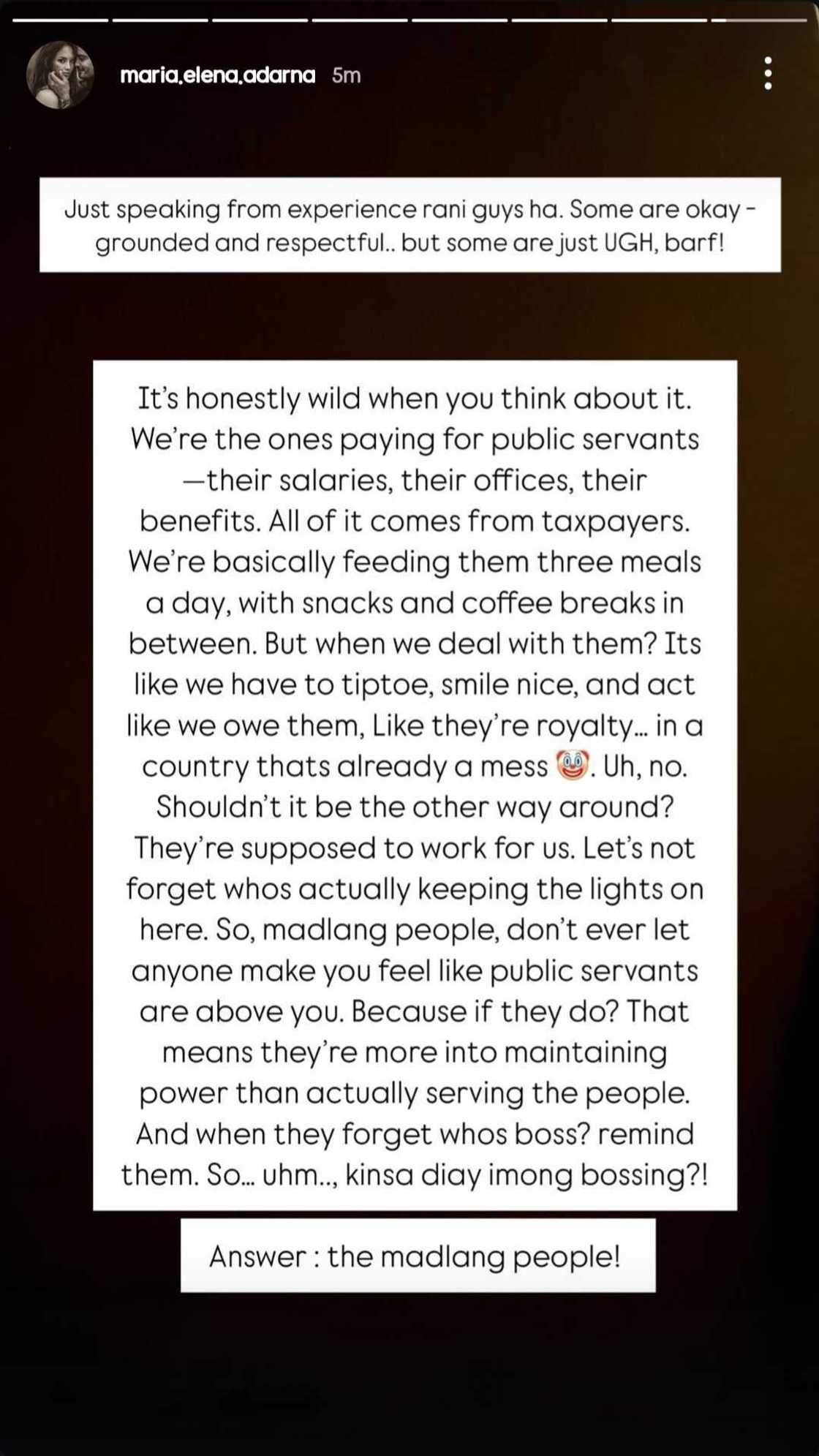 Ellen Adarna, may malalim na reflection ukol sa mga public servants Ellen Adarna, may malalim na reflection ukol sa mga public servants