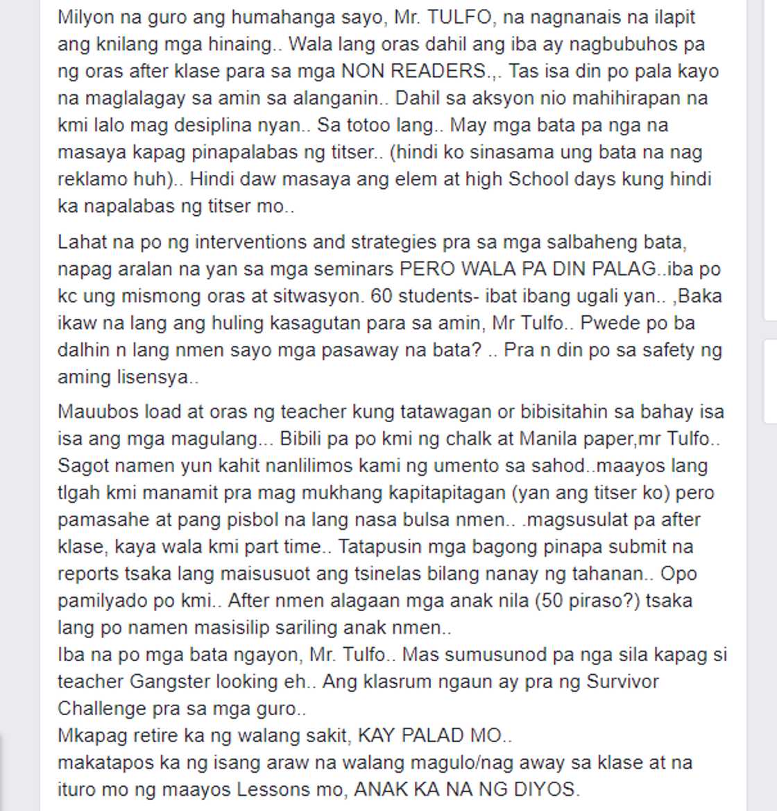 Dating guro, naglabas ng saloobin kaugnay sa isyu ng kapwa guro