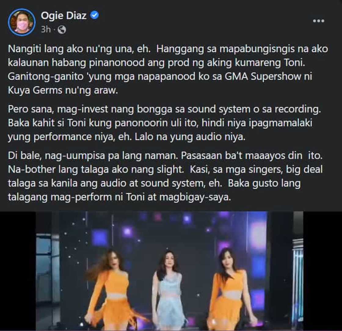 Ogie Diaz, napabungingis sa production number ni Toni Gonzaga sa ALLTV Ogie Diaz, napabungingis sa production number ni Toni Gonzaga sa ALLTV