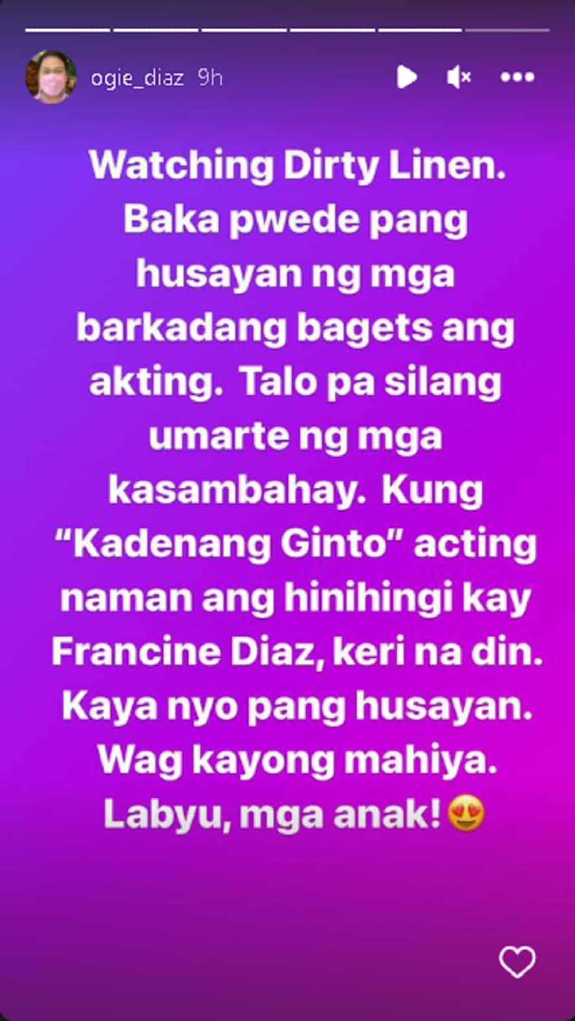 Ogie Diaz, hiling na husayan umano sana ng mga barkadang bagets ang kanilang acting sa Dirty Linen