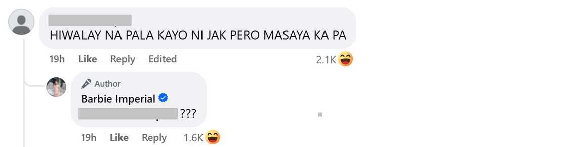 Barbie Imperial, nag-react sa "hiwalay na pala kayo ni Jak" comment Barbie Imperial, nag-react sa "hiwalay na pala kayo ni Jak" comment
