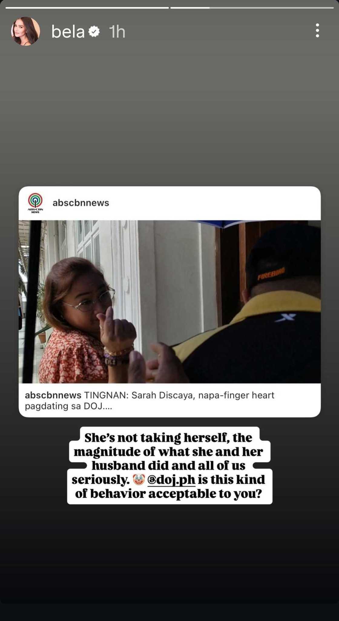 Bela Padilla reacts to Sarah Discaya’s finger heart gesture at DOJ